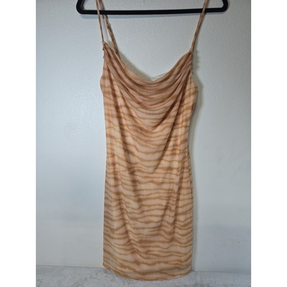 NWT Forever 21 Tiger Zebra Print Mesh Bodycon Dress Cowl Neck Tan Beige M